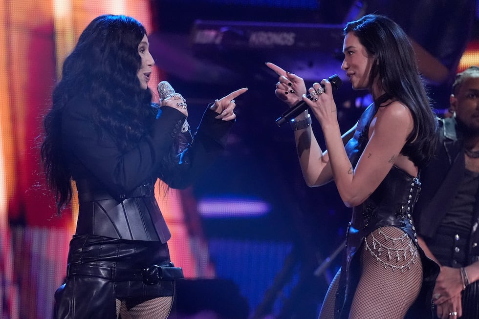 Cher, left, and Dua Lipa perform during the 39th Annual Rock & Roll Hall of Fame Induction...