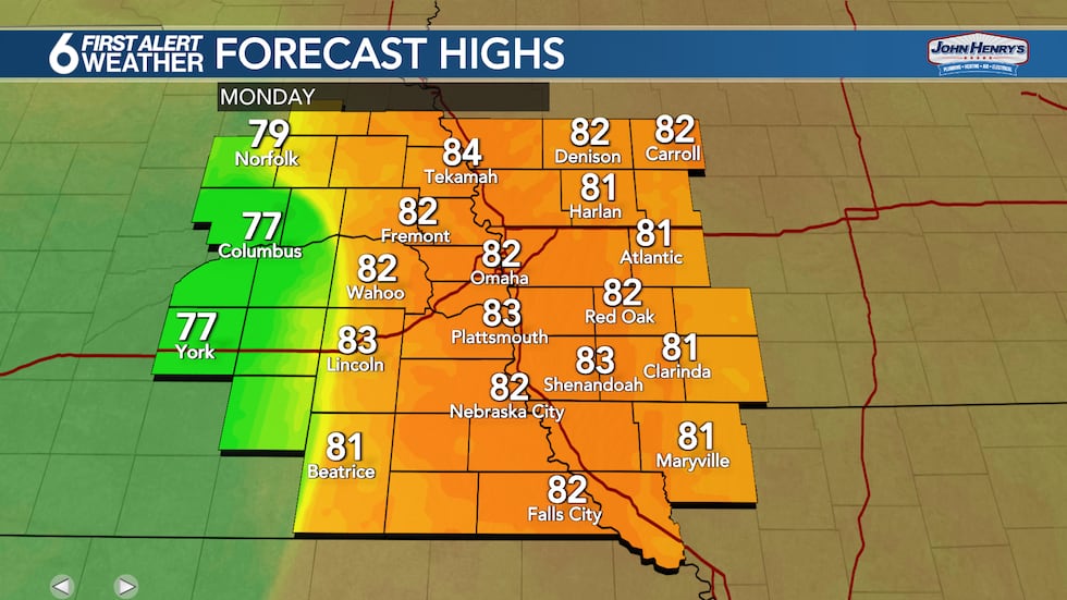 Monday will feel almost like summer once again with highs in the lower 80s. Far western...