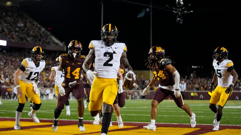 Iowa running back Kaleb Johnson (2) scores a 15-yard rushing touchdown during the second half...