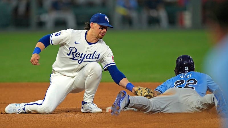 FILE: Tampa Bay Rays' Jose Siri (22) beats the tag by Kansas City Royals shortstop Bobby Witt...