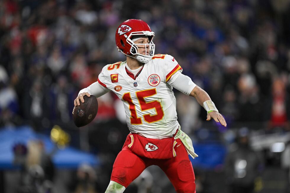 FILE - Kansas City Chiefs quarterback Patrick Mahomes (15) throws a pass during the second...