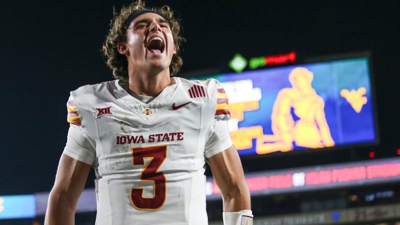 Iowa State quarterback Rocco Becht (3) reacts after defeating West Virginia during an NCAA ...