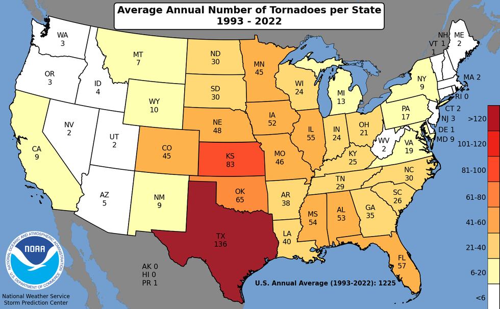 Average Annual Number of Tornadoes Per State