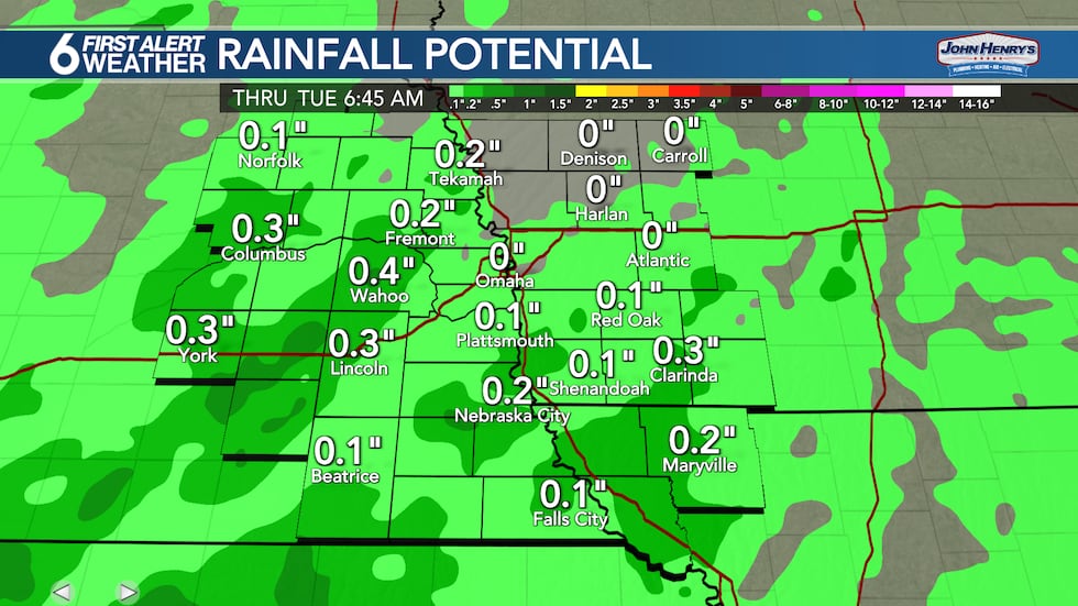 Rainfall amounts look to range between 0.10" up to 0.50".