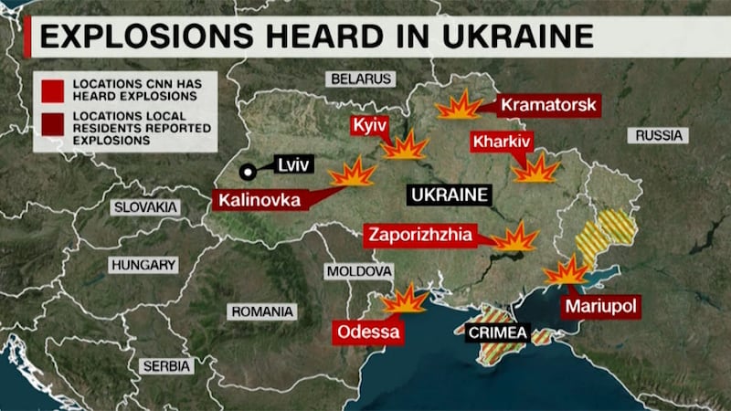 A graphic shows where explosions have been heard amid a Russian invasion of Ukraine that...