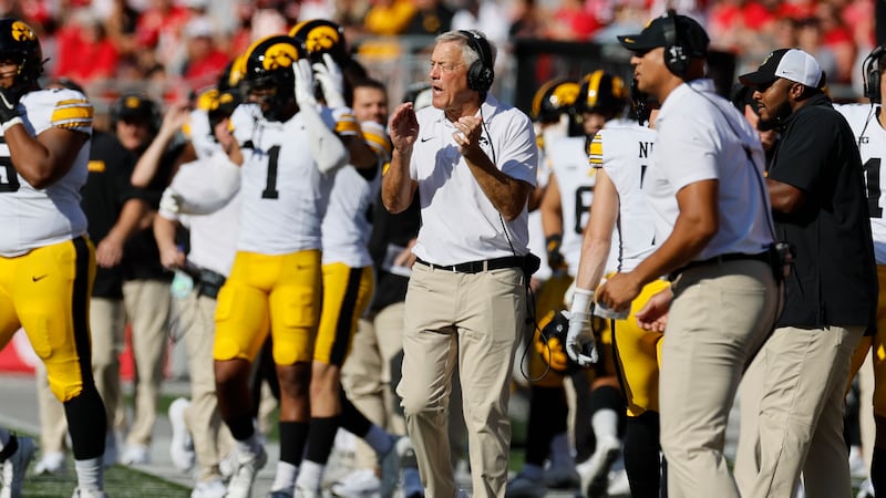 Iowa Head coach Kirk Ferentz shouts to his team against Ohio State during the first half of an...