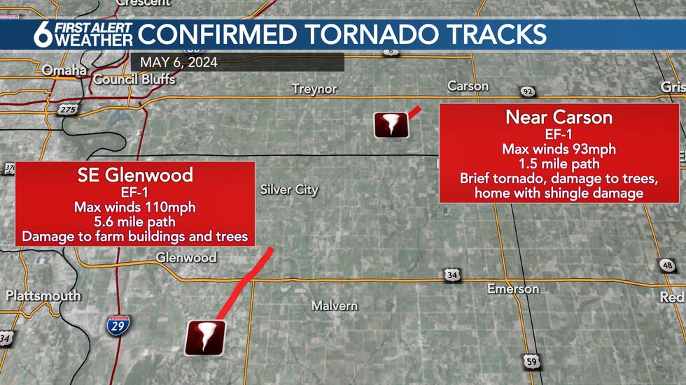 Tornadoes touched down near Glenwood and Carson
